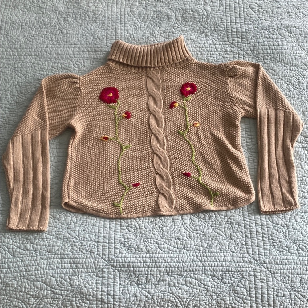 Cable Knit Turtleneck Sweater with Floral Embroidery